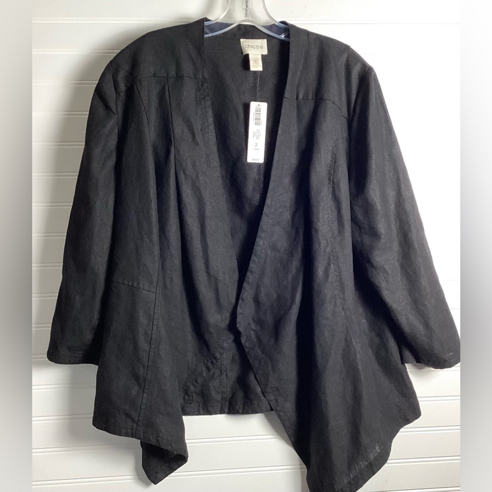 Chico's NWT Women Cardigan 100% Linen Draped Open Front Jacket Black Size 2/L